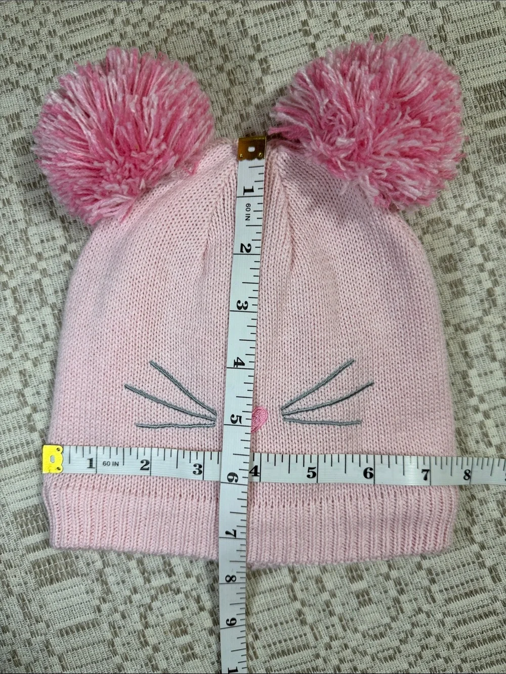 Kids Pink Pom-Pom Knit Beanie Hat with Heart Detail